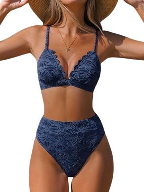 CUPSHE High-Waisted Textured Navy Scalloped V-Neck Bikini Set